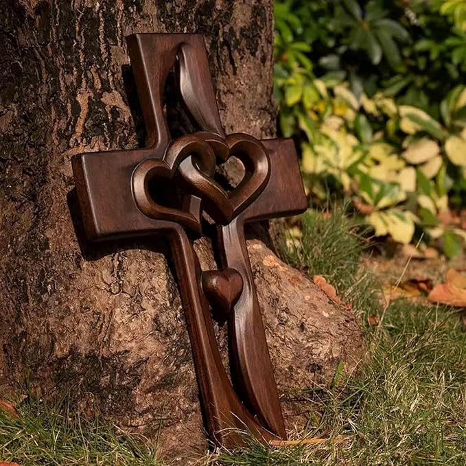 Hand-Carved Intertwined Hearts 9.84 inches Wooden Wall Cross for Wall Sacred, Mothers Day Gifts for Mom ,Handmade Hanging Cross Heart-Shaped Decoration Marriage Wedding Valentine Wood Decorative Gift
