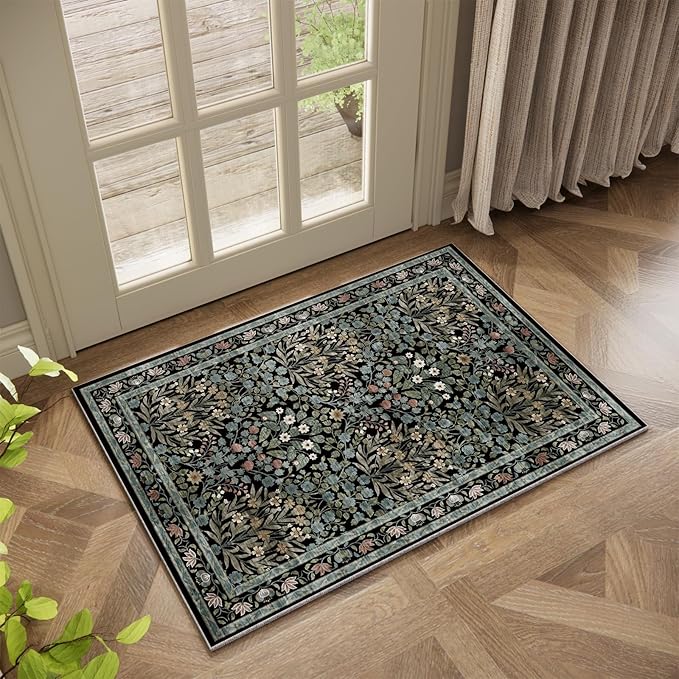 Floral Entryway Rug, 2x3 Kitchen Rugs Non Slip Washable Traditional Design Vintage Floral, Soft Door Mat Indoor Entrance, Ultra-Thin Easy Clean Small Throw Carpet for Bedroom Bathroom