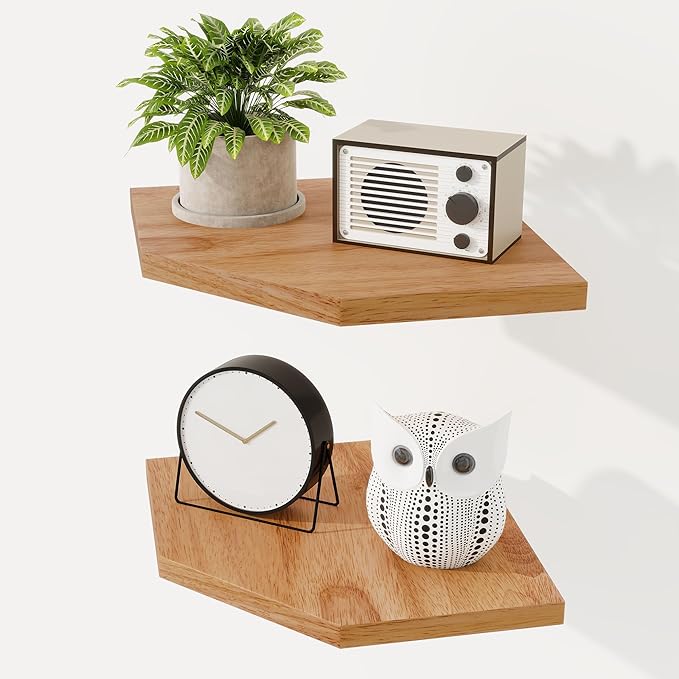 Fun Memories Corner Shelf Wall Mount Set of 2 - Solid Oak Wood Floating Corner Shelf with Cable Hole, 8.5in Rustic Design for Bedroom, Living Room, Kitchen (Natural)