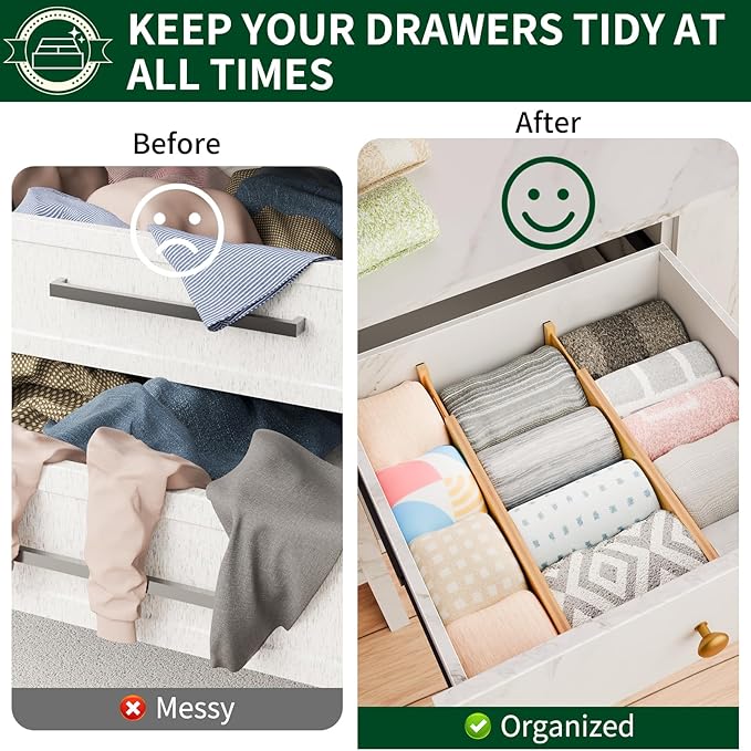 6 Pack Bamboo Drawer Dividers 2.6" High,Adjustable Spring Loaded Clothes Drawer Organizers for Kitchen, Dresser, Bathroom, Bedroom and Office