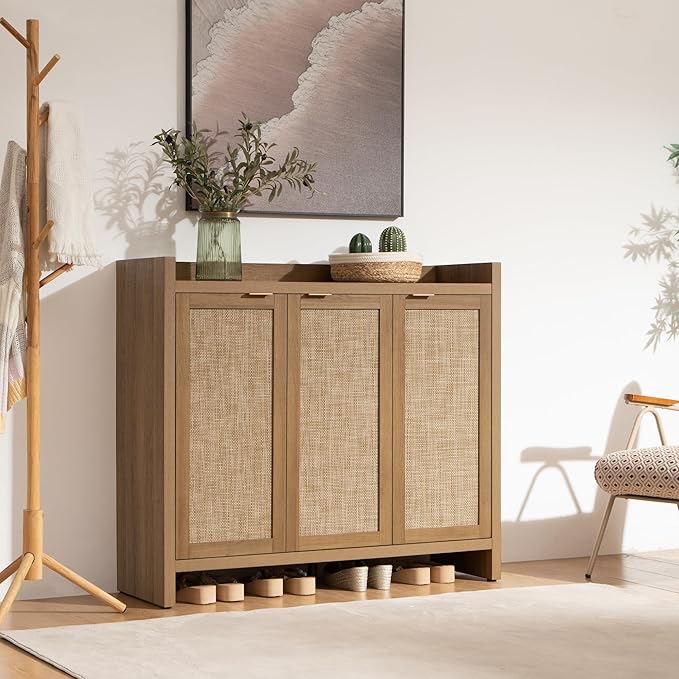 SICOTAS Shoe Storage Cabinet, 30 Pairs Rattan Shoe Cabinet Storage for Entryway, 6-Tier 41" Tall Large Shoe Cabinet, Boho Farmhouse Cabinet with Doors for Entryway Hallway Living Room Closet