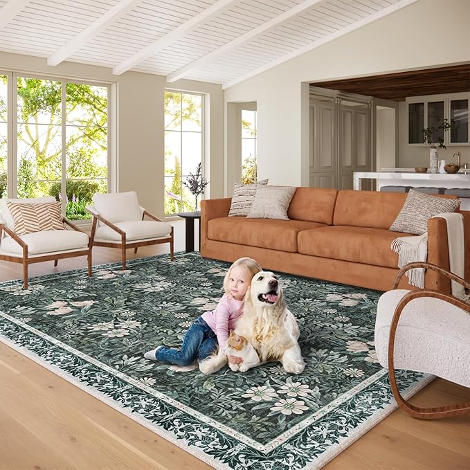Washable 8x10 Area Rug - Light Green Vintage Floral with Ornate Border, Soft Low Pile Carpet for Living Room, Dining Room Under Table, Bedroom Non-Slip, Stain Resistant & Durable
