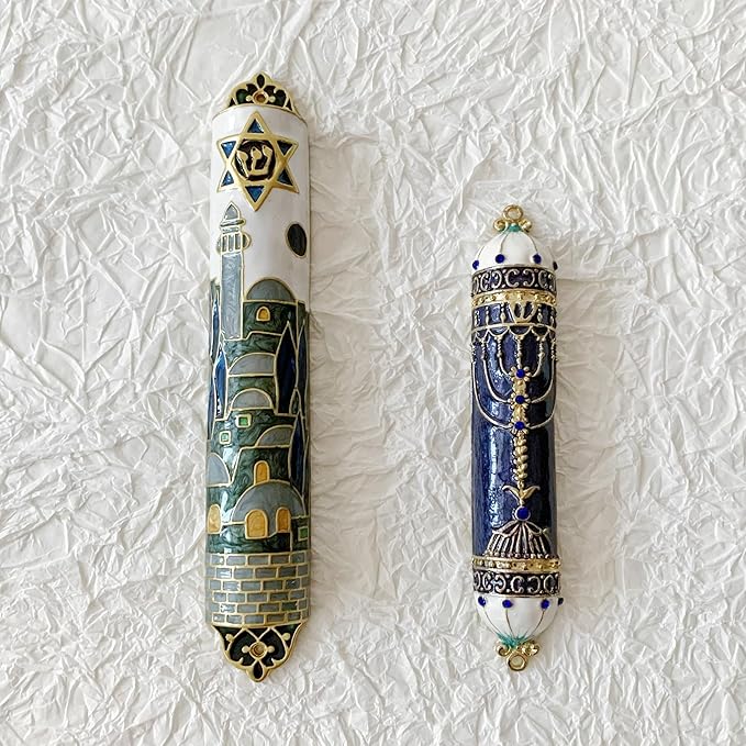 Hand Painted Mezuzah, Exquisite Enamel Mezuzah with Star of David and Jerusalem Motifs