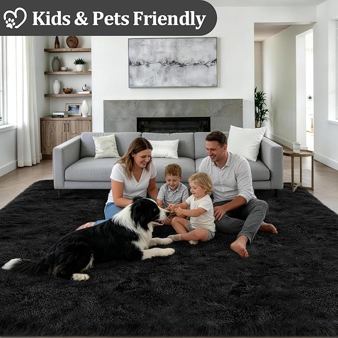 6x9 Area Rugs for Living Room Bedroom: Ultra Soft Fluffy Shag Rug Upgrade Non-Slip Non-Shedding Large Fuzzy Plush Carpet Indoor Floor Carpets for Kids Room Playroom Nursery Dorms Home Decor Black