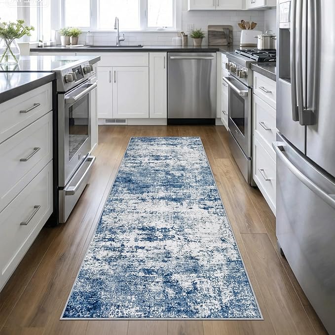 Washable Area Rug 3x10 Entryway Rug: Washable Modern Abstract Soft Thin Rug Indoor Floor No Slip Stain Resistant Carpet for Bedroom Dining Room Farmhouse Nursery Home Office - Blue
