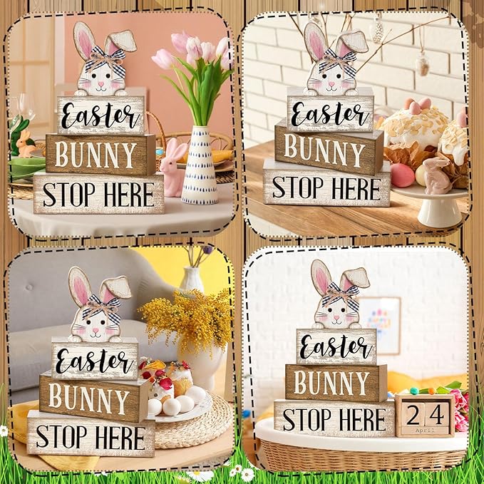 Moucuny 4 Pcs Easter Bunny Table Decoration Stacked Wooden Bunny Block Decor 3-tier Tabletop Sign with 3D Rabbit, Rustic Farmhouse Easter Decorations for Home Egg Hunt Party Centerpiece Gift