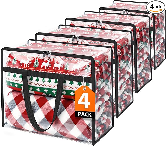 Clear Storage Bags, 4 Pack Under Bed Storage and Closet Organizers Containers, Vinyl Foldable Heavy-Duty Moving Bags with Zippers for Comforter, Bedding, Duvet, Blanket & Toy Storage, 40L