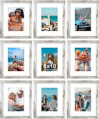 Vittanly 8x10 Picture Frames Set of 9, Shatter Resistant Plexiglass, Display 5x7 Pictures with Mat or 8x10 without Mat, Photo Frames for Wall or Tabletop, Engineered Wood, Distressed White