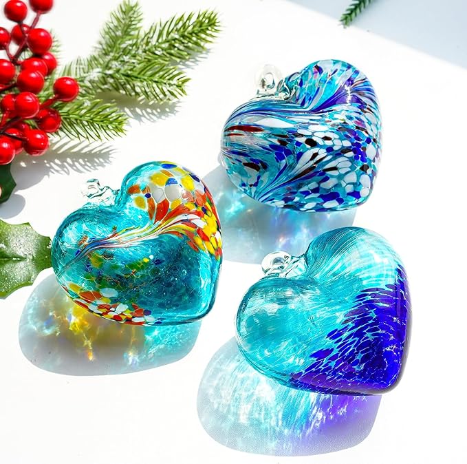 Set of 3 Handmade Glass Heart Ornaments 3.9 Inch Blue Friendship Heart Decor for Garden Home Centerpiece Gifts for Women