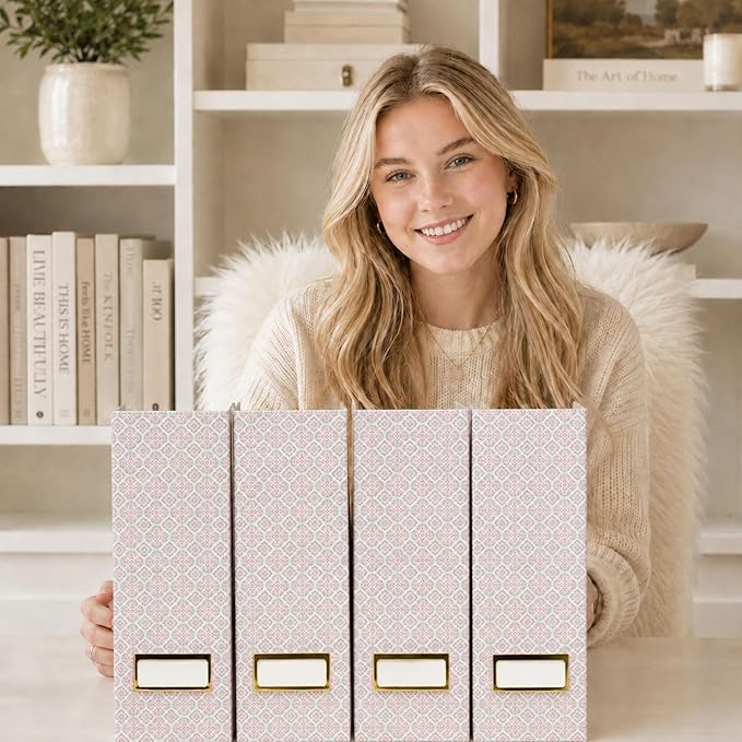 BLU MONACO | Foldable Magazine File Holder Set of 4 | Moroccan Tile Cardboard Organizers | Vertical Desk and Shelf Storage for Home Office Dorm | Decorative File Boxes