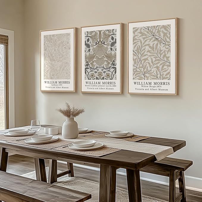 Framed Vintage William Morris Canvas Wall Art Set of 3, Large Neutral Floral Artwork Prints, Botanical Nature Aesthetic Wall Decor for Living Room, Bedroom, Hallway and Office, Total Size 30x60