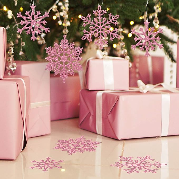 Whaline 40Pcs Pink Glitter Snowflake Winter Snowflake Ornaments Christmas Hanging Decorations with 197 Inches Silver Rope for Wedding Birthday Home Xmas Tree Window Door Accessories