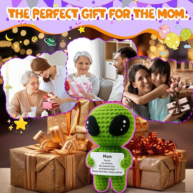 MAMAGIFTREE for Mom – Cute Crochet Alien Figure with Sentimental Card, Funny & Meaningful Handmade Gift from Daughter or Son