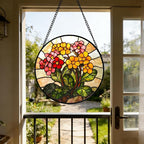 Stained Glass Window Hanging, Yellow Red Flowers Sun Catcher for Window Door Home Decor Green Plant Suncatcher Christmas Mother's Day Birthday Gifts for Women Men Mom and Nana 15 in