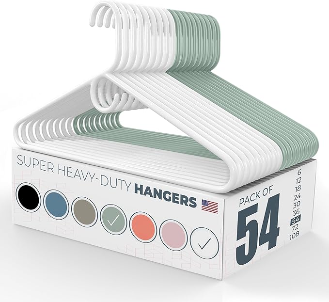 Neaties Super Heavy Duty Clothes Hangers 50 Pack (54 Count) – Made in the USA - 10lb Capacity, Thick Plastic Hangers for Pants, Coats, Jackets, Jeans and Adult Clothing – White & Mint