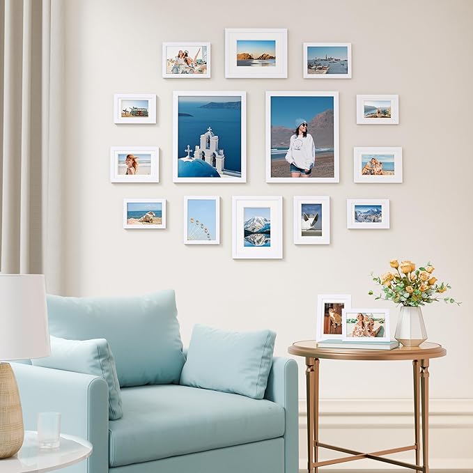 Vittanly Picture Frames Set of 16, Gallery Wall Frame Set with 2Pcs 11x14, 2Pcs 8x10, 6Pcs 5x7 and 6Pcs 4x6 Photo Frames, Picture Frames Collage Wall Decor for Wall or Tabletop Display, White