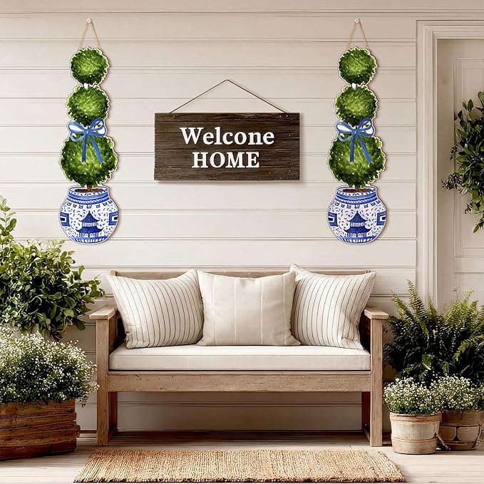 RattanView Large Size Chinoiserie Bonsai Door Hanger Rustic Topiary Wooden Sign Front Door Home Wreath Ornament for Farmhouse Indoor Outdoor Yard Porch Welcome Decor(Fresh,31.5 x 9.65 in)