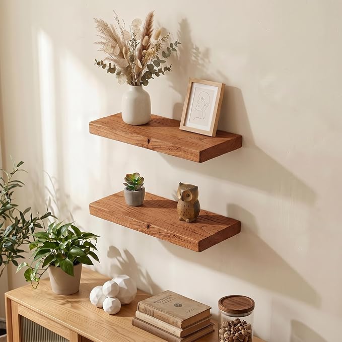 18 Inch Floating Shelves, Solid Wood Wall Shelves, 8 Inch Deep Floating Shelf – for Bathroom, Bedroom, Living Room, Kitchen, Home Decor & Storage, Heavy-Duty Wooden Shelf Wall-Mounted, Set of 2