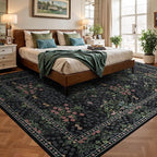 Lessymo Floral Extra Large Area Rug 10x14 for Living Room, Machine Washable Carpet for Bedroom, Soft Low Pile Non-Slip Rug for Dining Room Under Table, Boho Floral Design, Black Green
