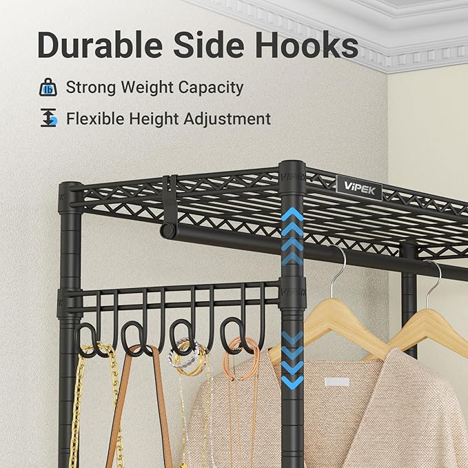 VIPEK R2C Plus Heavy Duty Rolling Garment Racks with Cover Clothing Rack for Hanging Clothes Portable Closet with Adjustable Wire Shelving & Double Rods, Black Rack with Black Upgraded Polyester Cover