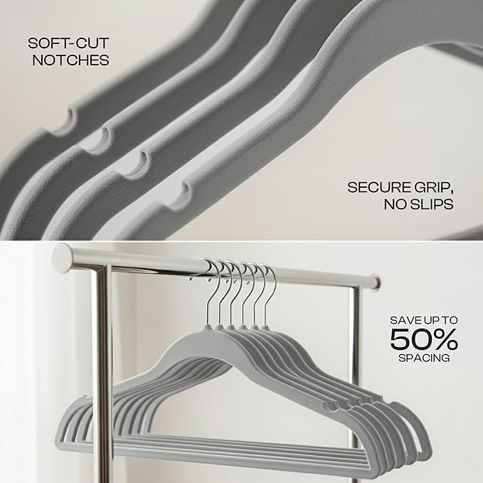 Utopia Home Velvet Hangers 100 Pack – Luxury Non-Slip Slim Pant & Coat Hangers, Strong Space-Saving Clothes Hangers with Pants Bar and 360° Swivel Hook – Grey