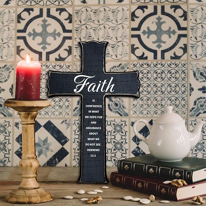 dsjaidh Cross Wall Decor - Black Scripture Wooden Cross For Wall - Gothic Wooden Hanging Signs Christian Easter Decor for Home Office Church Baptism - Christian Gifts for Men Women (Faith) - A07