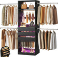 Closet System, 4-8FT Closet Organizer with 3 Wood Drawers & Glass Top, 102'' Walk in Closet with 5 Hang Rods & LED Lights & Trouser Rack, Built-in Wardrobe Clothes Rack with Shelves and Tower, Black