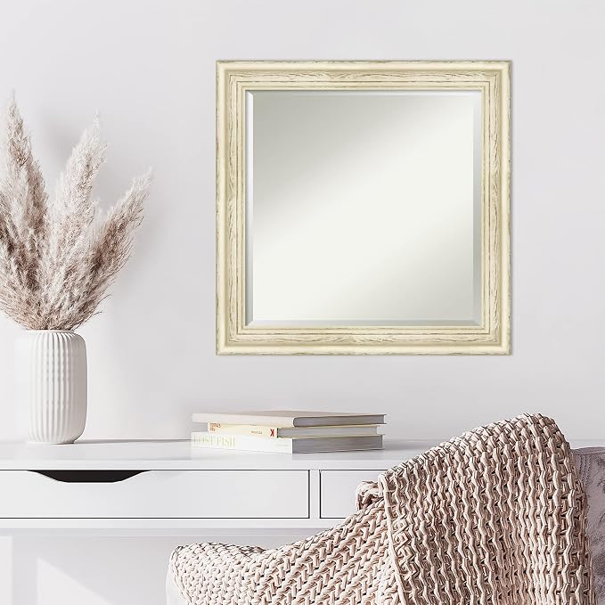 Amanti Art White Wall Mirror 24x24 Country White Wash Square Bathroom Mirror for Wall Decor Living Room, Medium Country Rustic Wood Frame, Hangs Horizonally and Vertically, Bathroom Decor, Beveled