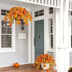 Artificial Fake Fall Flowers with Hanging Basket for Outdoor Decoration, Silk Faux Flowers UV Resistant Fake Plants for Home Porch Patio Garden Window Box Autumn Decor Look Real (Orange)