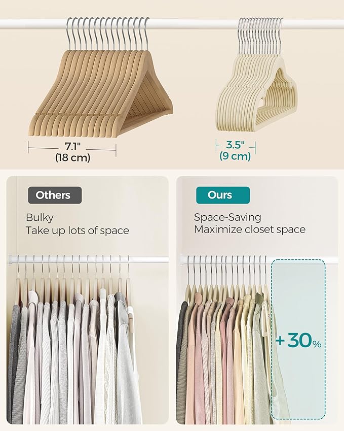 SONGMICS Velvet Hangers 50 Pack, Non-Slip Clothes Hangers, Suit Hangers with Shoulder Notches, Pants Bar, 360° Swivel Hook, Space-Saving, for Closet, Sand Beige UCRF029K05