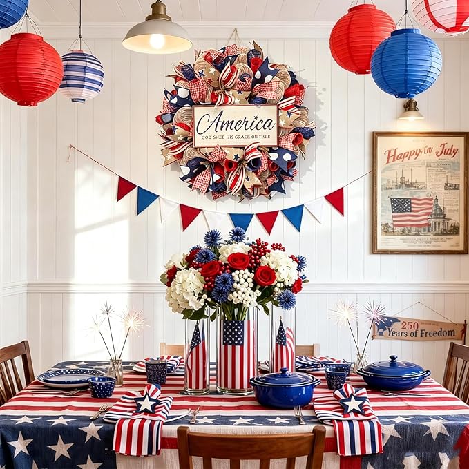 250th Anniversary Patriotic Wreath, 1776-2026 American Independence Day Wreath,16 in Red White Blue Front Door Wreath, Indoor Outdoor Home Decor for 4th of July, Memorial Day, Veterans Day (Z)