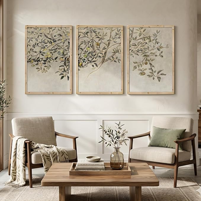 Large Vintage Framed Botanical Wall Art for Living Room, 3 Piece Rustic Neutral Fruit Tree Canvas Prints Artwork for Walls, Modern Farmhouse Leaf Wall Decor for Bedroom Dining Room Office, 24x36 Inch