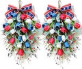 2 Pack 21'' Patriotic Swag Wreaths for Cabinets Artificial 4th of July Teardrop Wreath with Red White Blue Tulips Floral and Berries for Independence Day Memorial Day Front Door Porch Window Wall