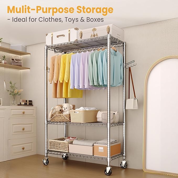 Heavy Duty Rolling Clothes Rack,Load 693LBS Clothing Racks for Hanging Clothes,Free Standing Closet Organizers and Storage Garment Racks with Wheels,Rods,Side Hooks,76"h x 45"w x 16"d