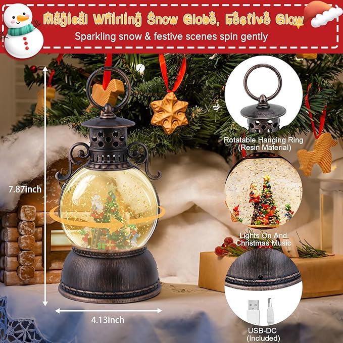 Christmas Snow Globe Lantern - Lighted Musical Water Globes with 6H Timer, Glittering Swirling Santa & Gnomes Scene, Battery/USB Powered Holiday Decoration for Indoor Christmas Decor & Gifts