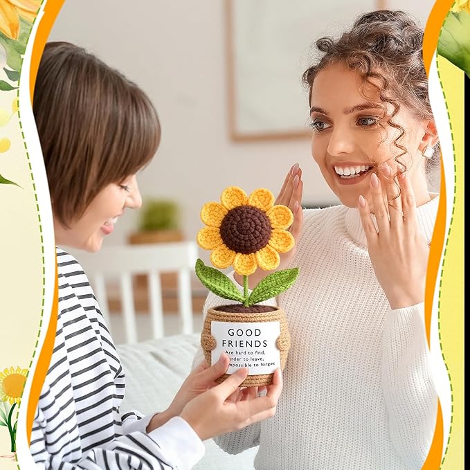 Wavwavw 1 Pcs Friends Gifts for Women, Galentines Graduation Handmade Sunflower Crochet Doll with Positive Card for Female Birthday BFF Bestie Gifts (Good Friends)
