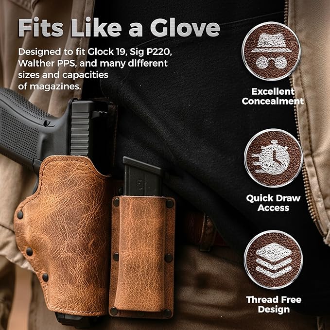 Buffalo Leather Magazine Holder - IWB/OWB Convertible - Right/Left Handed for Men and Women - Premium Mag Belt Pouch - Compatible with Glock & Sig