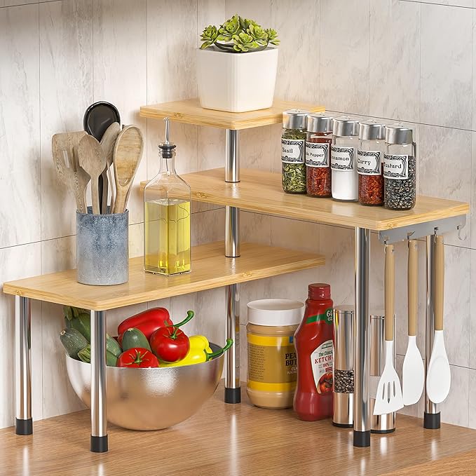 ZHWS Kitchen Countertop Organizer Spice Rack for Salt, Bathroom Counter Organizer Over Sink for Makeup, Skincare, Adjustable 3-Tier Corner Counter Shelf with 4 Hooks for Coffee Bar Dresser Table