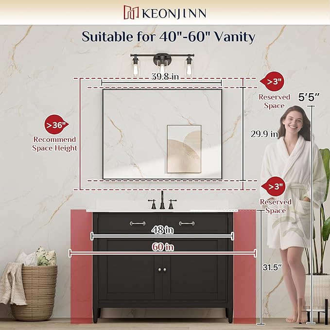 Keonjinn Black Framed Mirror for Bathroom 40 x 30 Inch, Rectangular Wall Mirror for Over Sink, Metal Frame Farmhouse Black Vanity Mirrors, Large Decorative Rectangle Mirrors(Horizontal/Vertical)