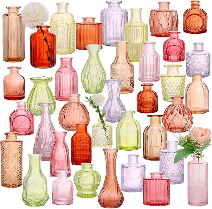 38 Pack Colorful Glass Bud Vase Set, Small Colored Vintage Vases for Centerpieces, Decorative Flower Vases for Wedding Home Table Decor