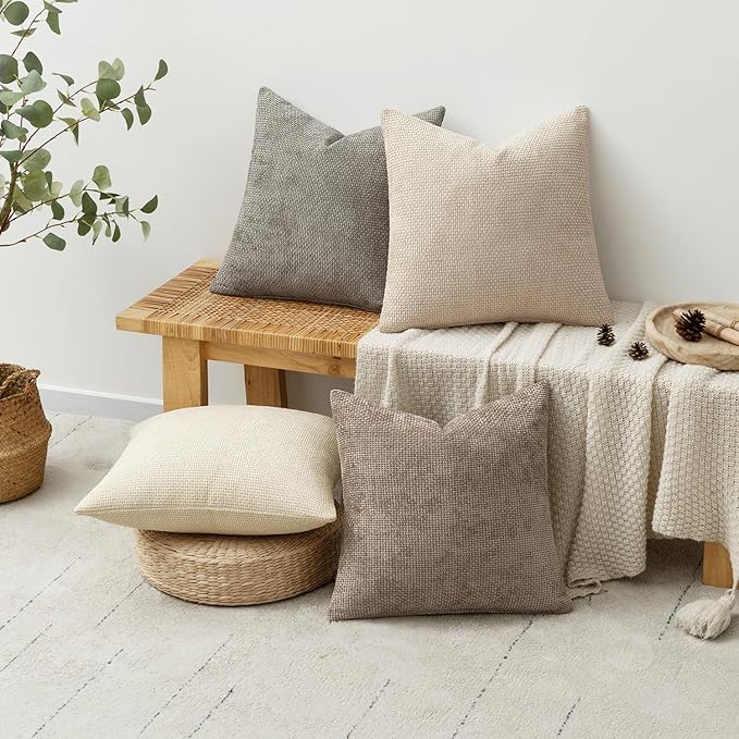 MIULEE Pack of 4 Couch Throw Pillow Covers 20x20 Inch Neutral Beige/Brown Soft Decorative Chenille Pillow Covers Farmhouse Accent Cushion Covers for Boho Spring Home Decor Sofa Bedroom Living Room