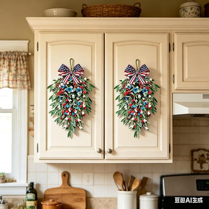 2 Pack 21'' 4th of July Swag Wreaths for Cabinets Independence Day Floral Teardrop Wreath with Artificial Flower and Eucalyptus Leaves Wreath Hanger for Farmhouse Front Door Porch Window Wall