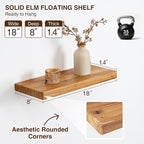 Dreamland Solid Elm Wood Floating Shelves, 18" W x 8" D Floating Shelf Wall Mounted, 8 Inch Deep Wall Shelves - Wooden Bathroom Shelf, Deep Bookshelf for Living Room, Kitchen Wall Shelf, Set of 2