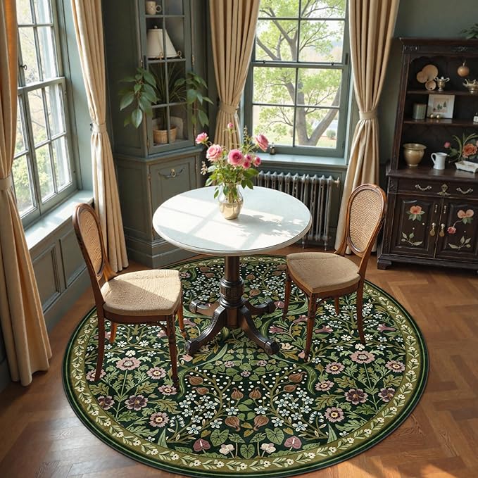 Moynesa Floral Round Rugs 6ft, Boho Green Round Living Room Area Rug, Washable Large Soft Circle Rug for Bedroom, Non Slip Ultra Thin Floor Carpet for Dining Room Guest Room, Green