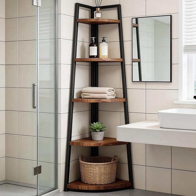 Soild Wood Corner Shelf, 5 Shelf Bookcase for Bathroom & Living Room, Tall Corner Bookshelf with Ladder Design, Space Saving Corner Bookcases (Brown)