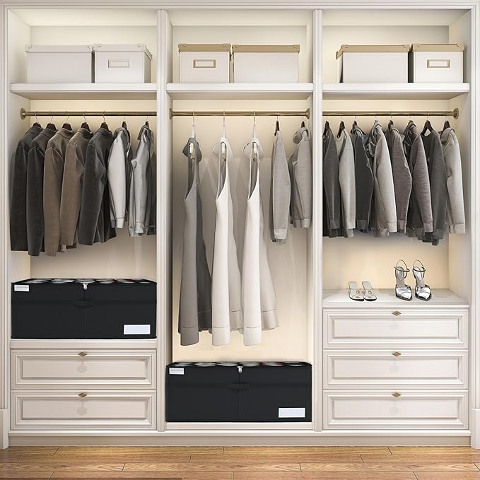 Luvhomee Shoe Storage Organizer, Fits 24 Pairs, Large Shoe Organizer Box for Closet, Clear Foldable Shoes Containers w/Bottom Support, Space Saving Shoe Cubby Storage Boxes w/Reinforced Handles, Black