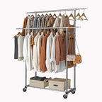 Simple Trending Double Rod Clothing Garment Rack, Rolling Clothes Organizer on Wheels for Hanging Clothes,with 4 hooks, Chrome