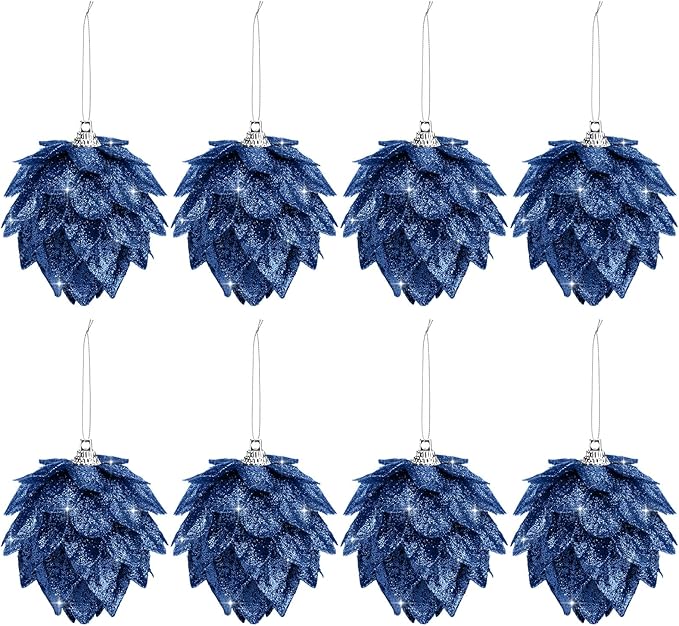 Jetec 8 Pieces Christmas Ornaments Glitter Christmas Tree Hanging Decoration Decorative Artificial Pine Cones Flowers Hanging Ornaments for Winter Wreath Holiday Decor(Navy Blue)
