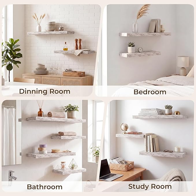 RICHFOCUS 40Inch Floating Shelves for Wall 2 Pack Shelves for Bedroom|Kitchen|Bathroom|Laundry Room Rustic Wood Wall Mounted Shelf with Invisible Brackets for Books|Storage|Decor, Rustic White