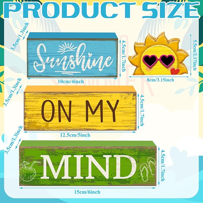 Lineshading 4 Pcs Summer Table Decor Wooden Sunshine Beach Tiered Tray Decor Rustic Farmhouse Sunshine Block Signs Gifts Summer Table Centerpieces for Home Kitchen Coffee Bar Shelf Office Decorations